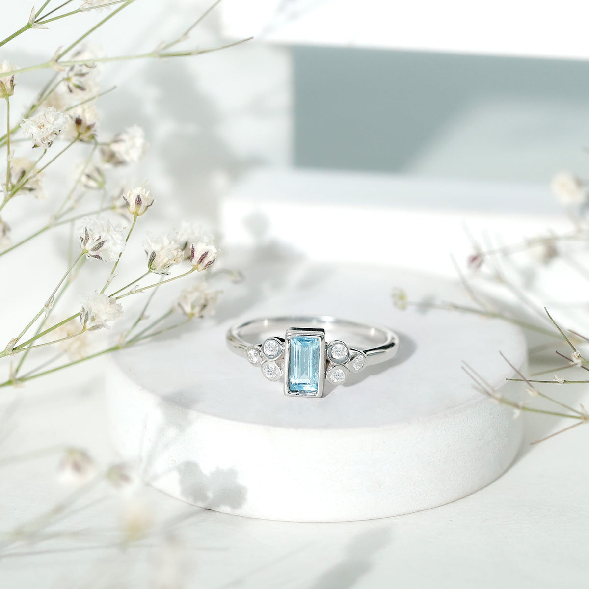 Aquamarine Promise Ring – Sterling Silver Baguette Aquamarine With Moissanite Trio