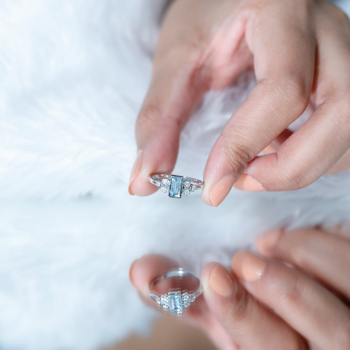Aquamarine Promise Ring – Sterling Silver Baguette Aquamarine With Moissanite Trio
