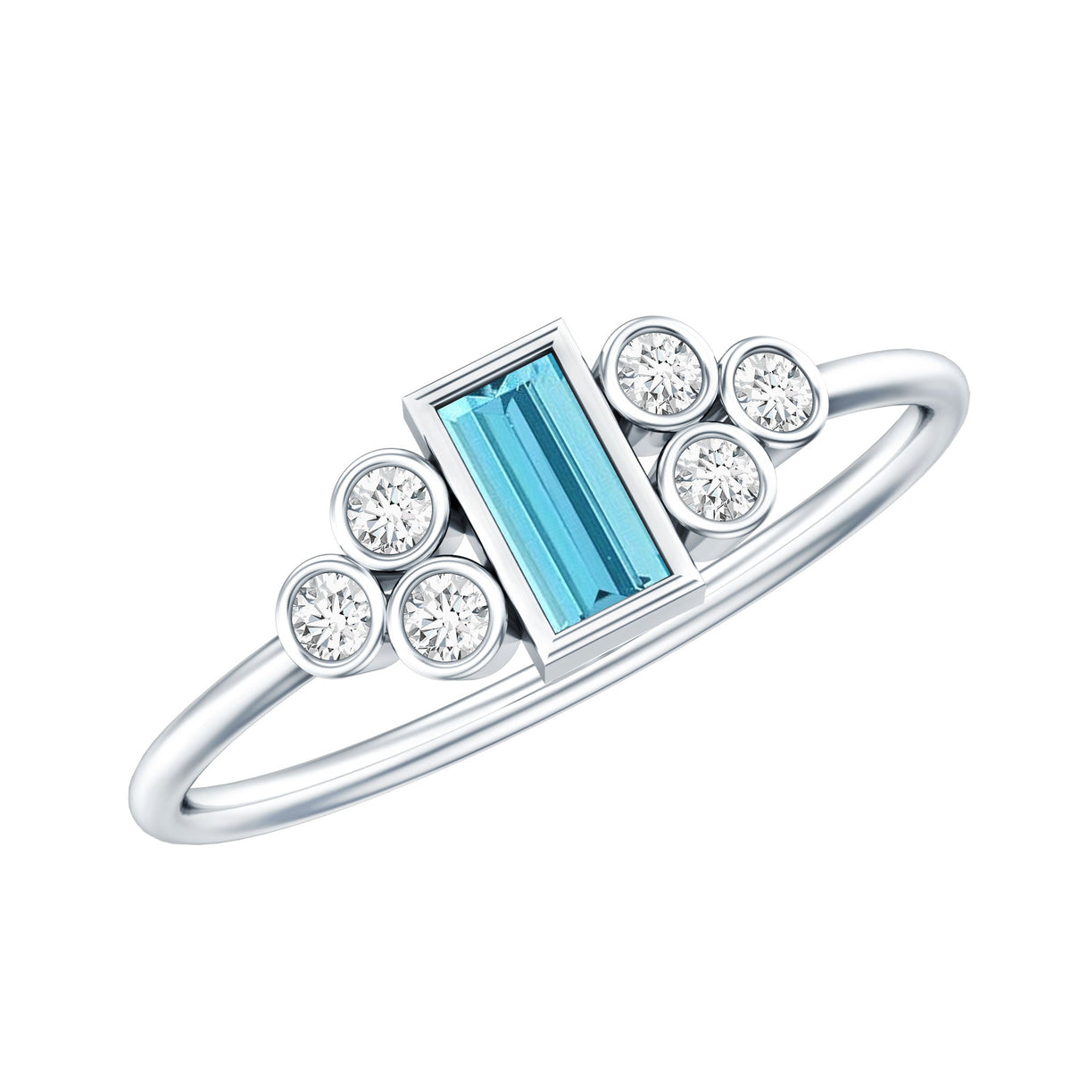 Aquamarine Promise Ring – Sterling Silver Baguette Aquamarine With Moissanite Trio