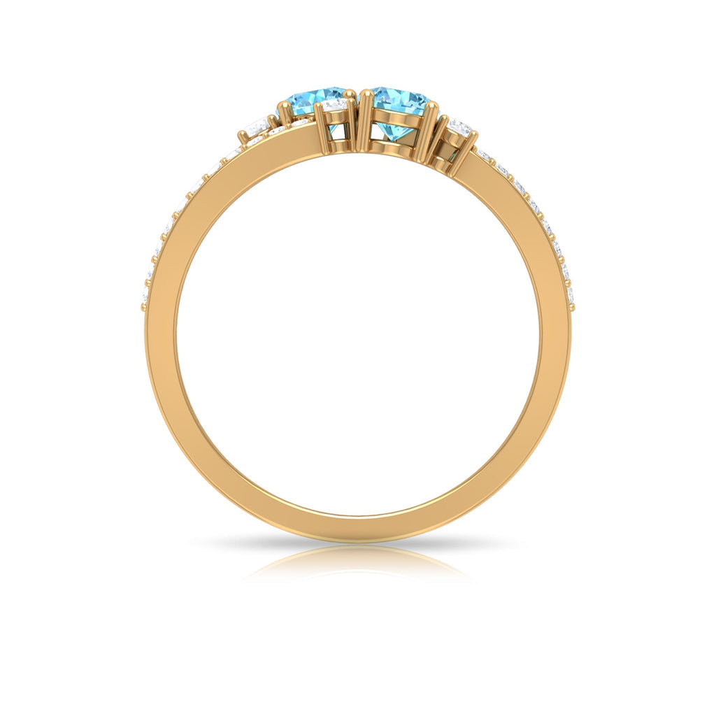 Aquamarine Promise Ring – Two Stone Split Shank Ring with Diamond Side Stones