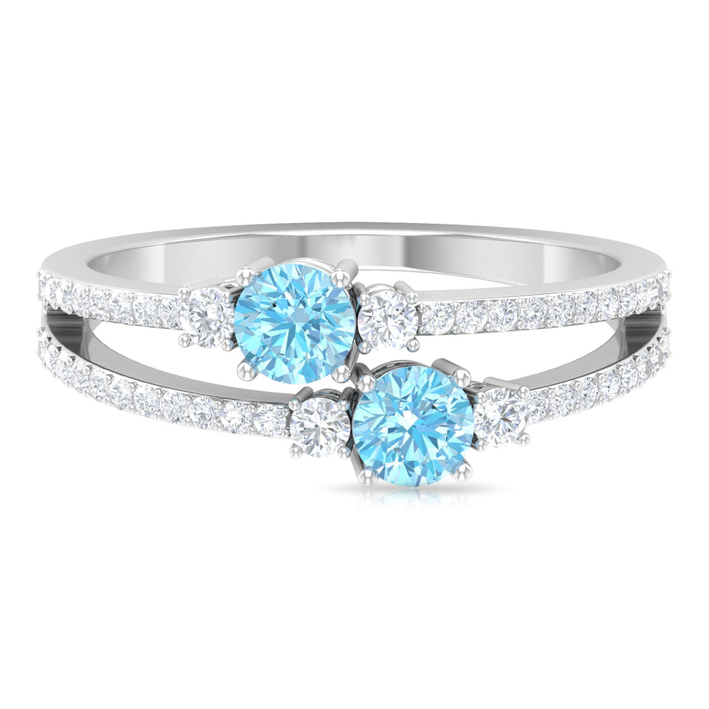 Aquamarine Promise Ring – Two Stone Split Shank Ring with Diamond Side Stones