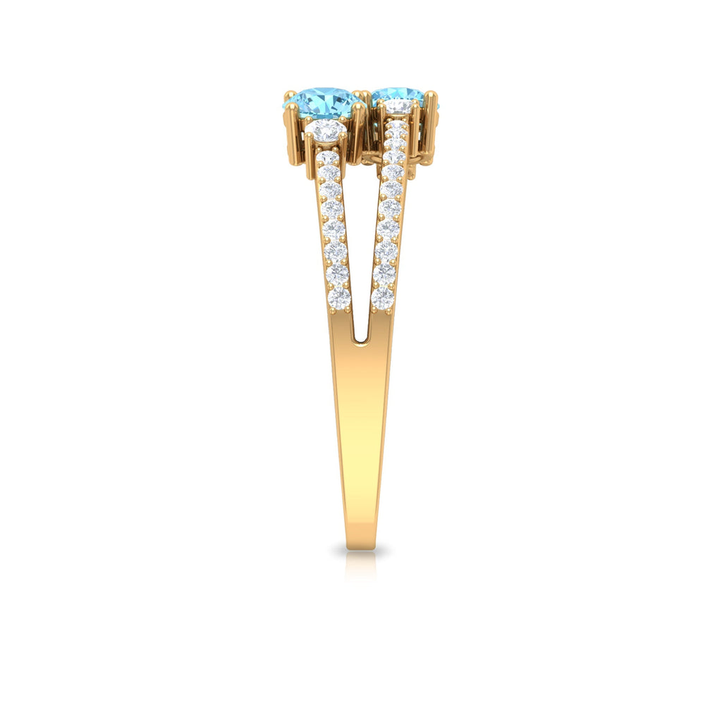 Aquamarine Promise Ring – Two Stone Split Shank Ring with Diamond Side Stones