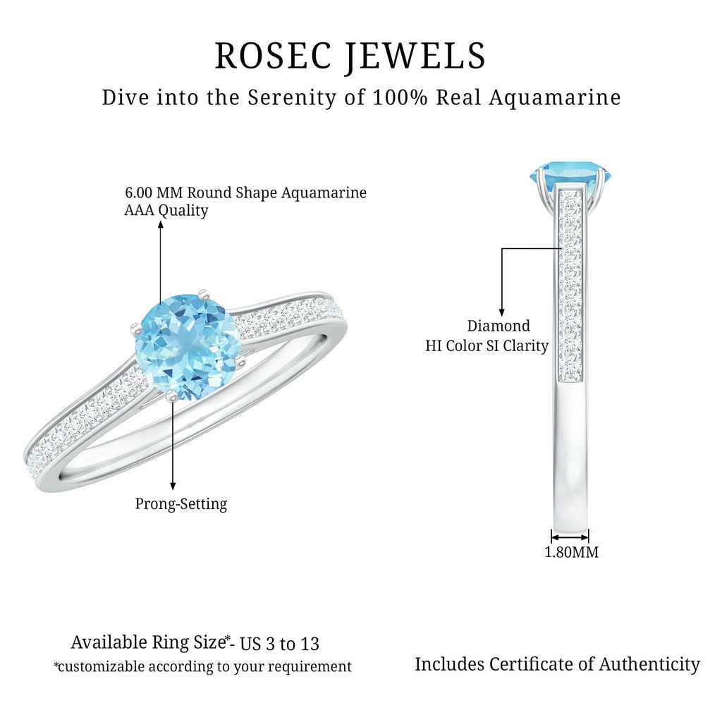 Aquamarine Solitaire Ring – 6mm Round Cut Aquamarine With Diamond Side Stones