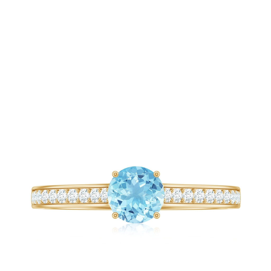 Aquamarine Solitaire Ring – 6mm Round Cut Aquamarine With Diamond Side Stones