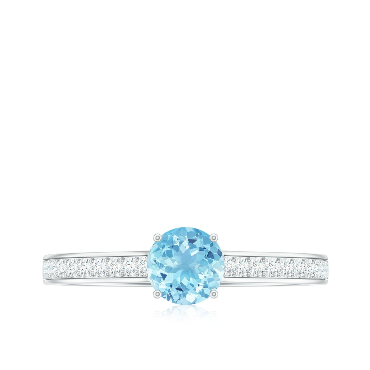 Aquamarine Solitaire Ring – 6mm Round Cut Aquamarine With Diamond Side Stones