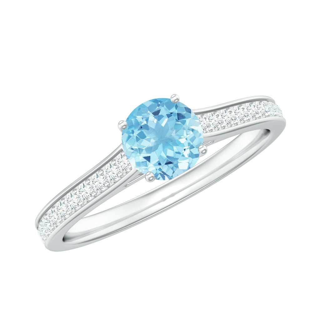 Aquamarine Solitaire Ring – 6mm Round Cut Aquamarine With Diamond Side Stones