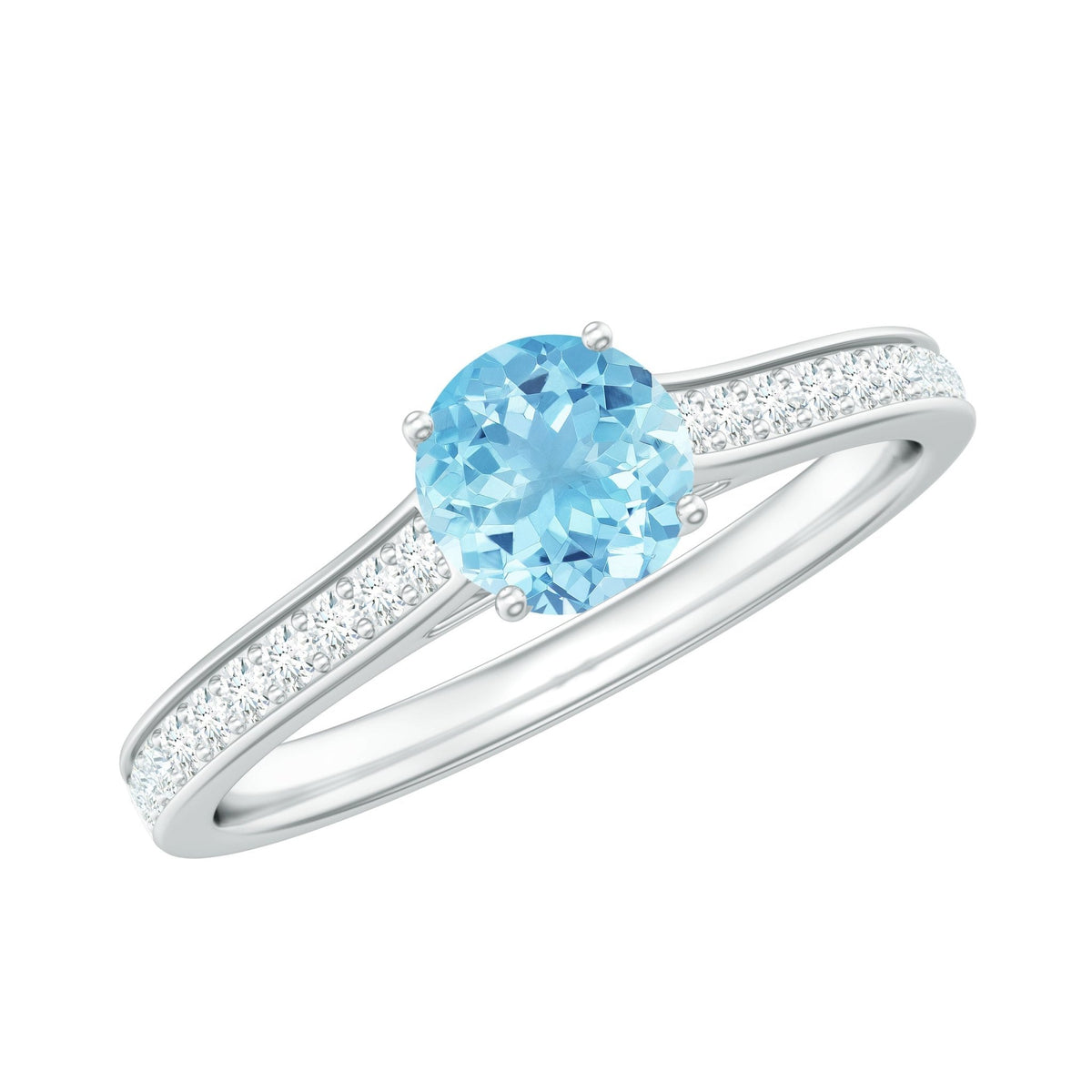Aquamarine Solitaire Ring – 6mm Round Cut Aquamarine With Diamond Side Stones