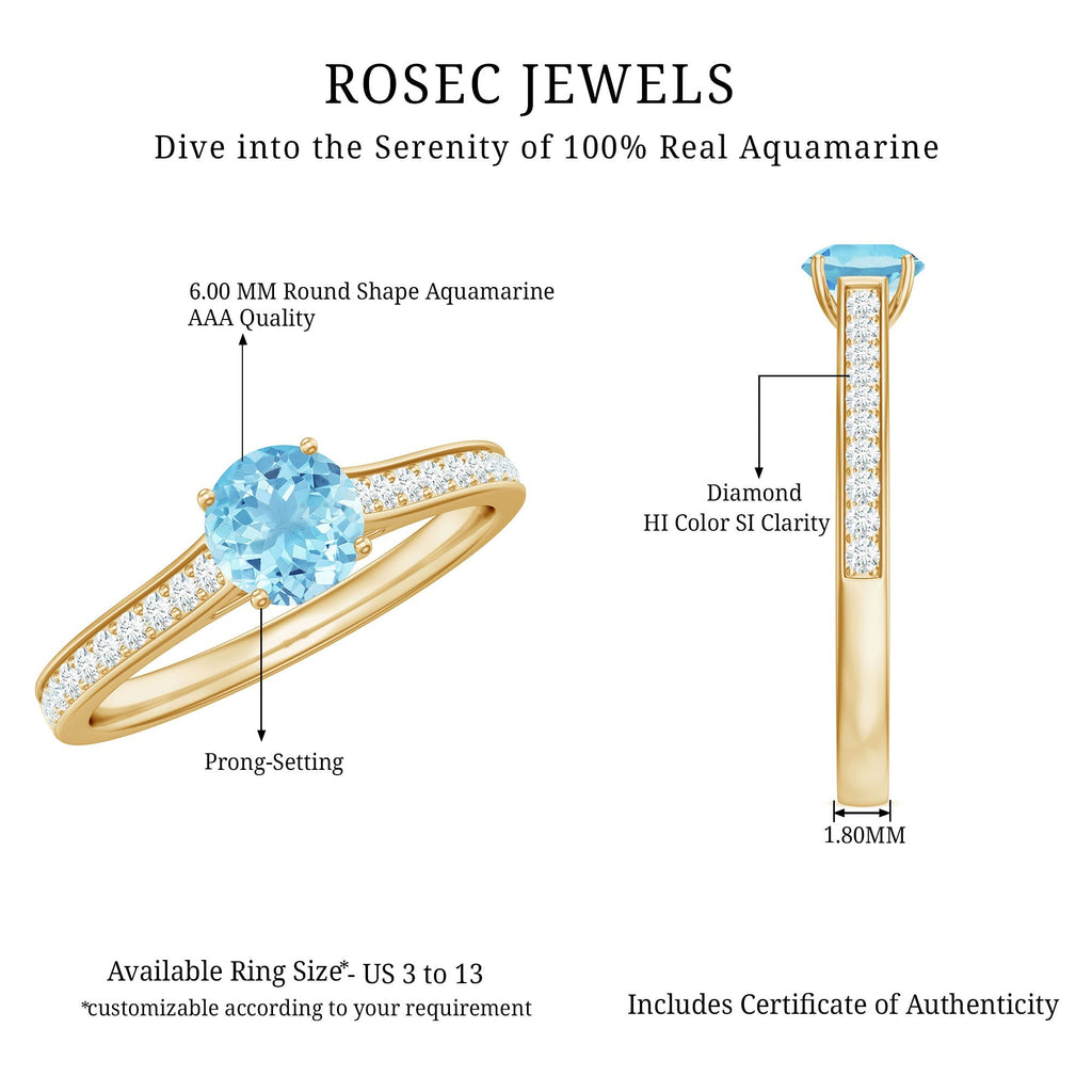 Aquamarine Solitaire Ring – 6mm Round Cut Aquamarine With Diamond Side Stones