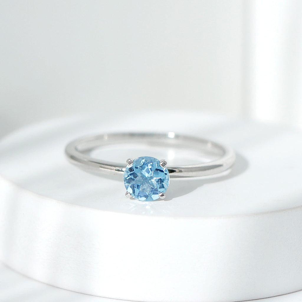 Aquamarine Solitaire Ring – Blue Gemstone 6MM Round Peg Head Setting