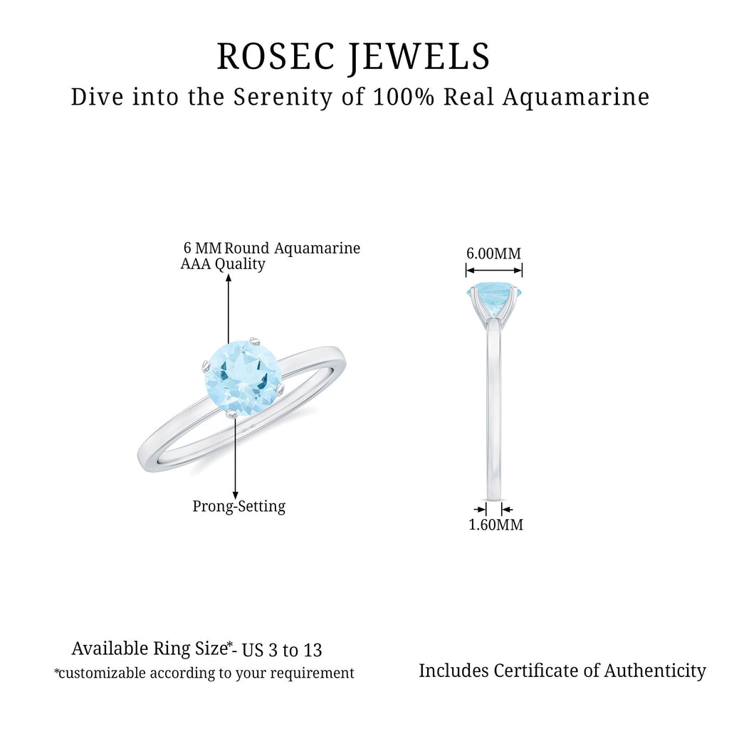 Aquamarine Solitaire Ring – Blue Gemstone 6MM Round Peg Head Setting