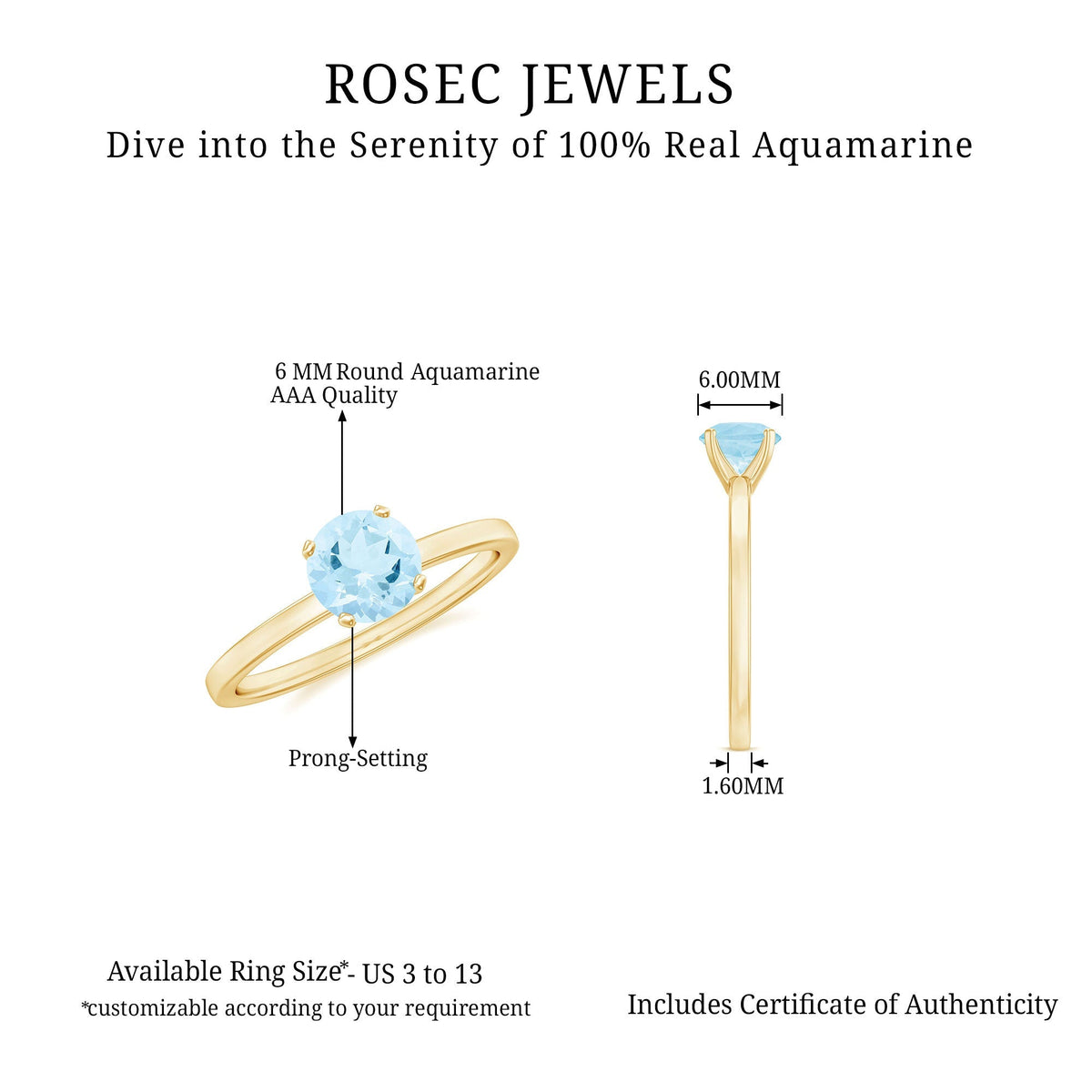 Aquamarine Solitaire Ring – Blue Gemstone 6MM Round Peg Head Setting