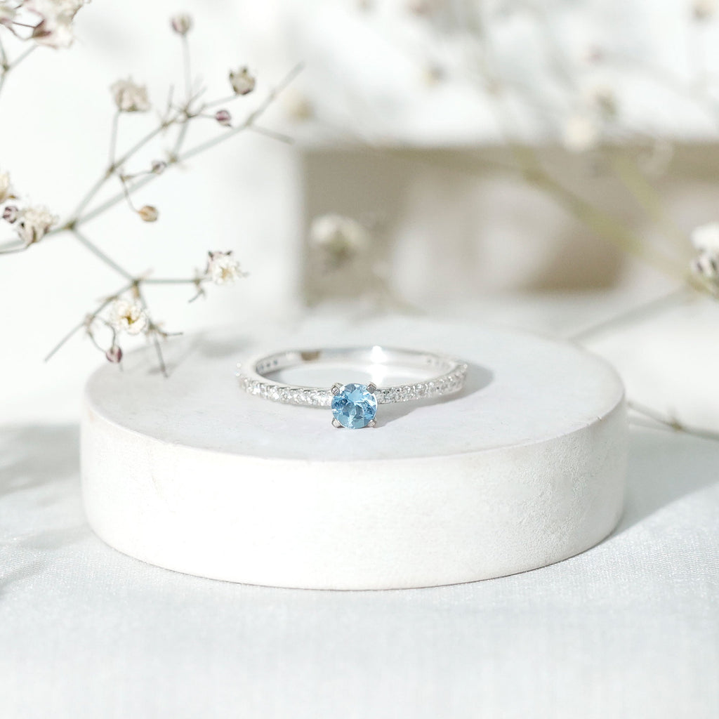 Aquamarine Solitaire Ring – Blue Gemstone Ring With Diamond Side Stones & Slim Band