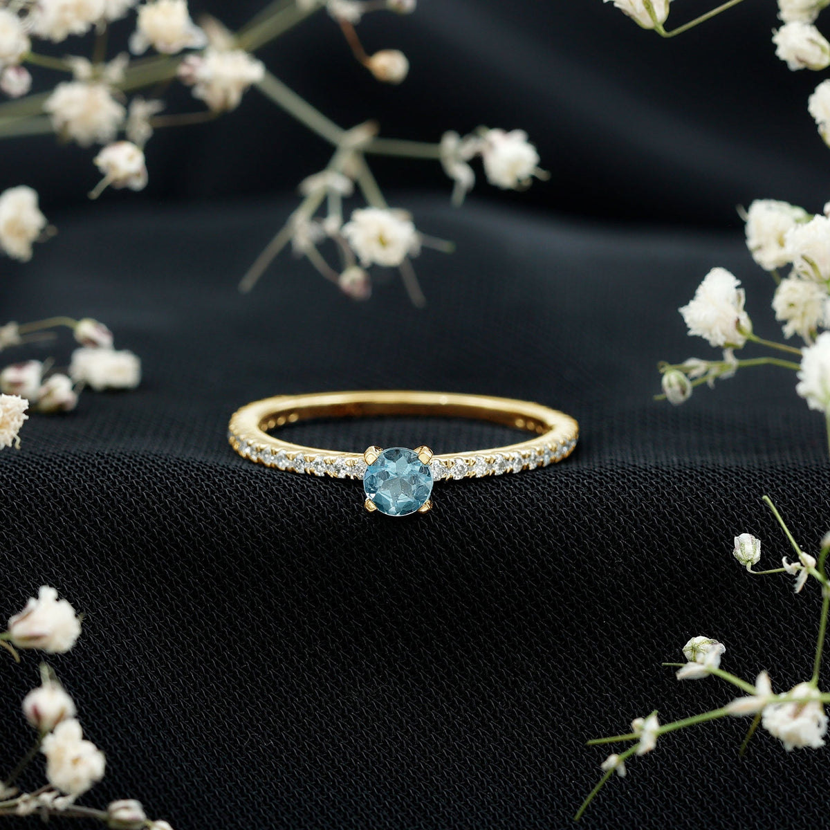 Aquamarine Solitaire Ring – Blue Gemstone Ring With Diamond Side Stones & Slim Band