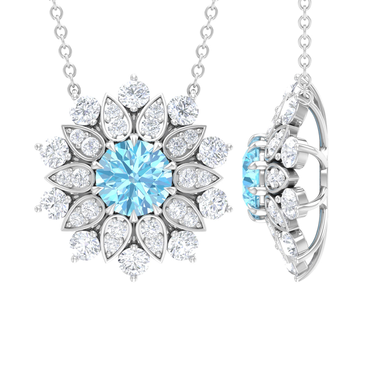 Aquamarine Statement Necklace – Floral Pendant with AAA Grade Blue Gemstone