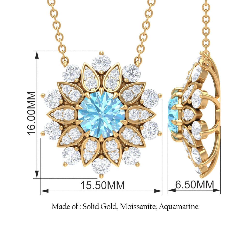 Aquamarine Statement Necklace – Floral Pendant with AAA Grade Blue Gemstone