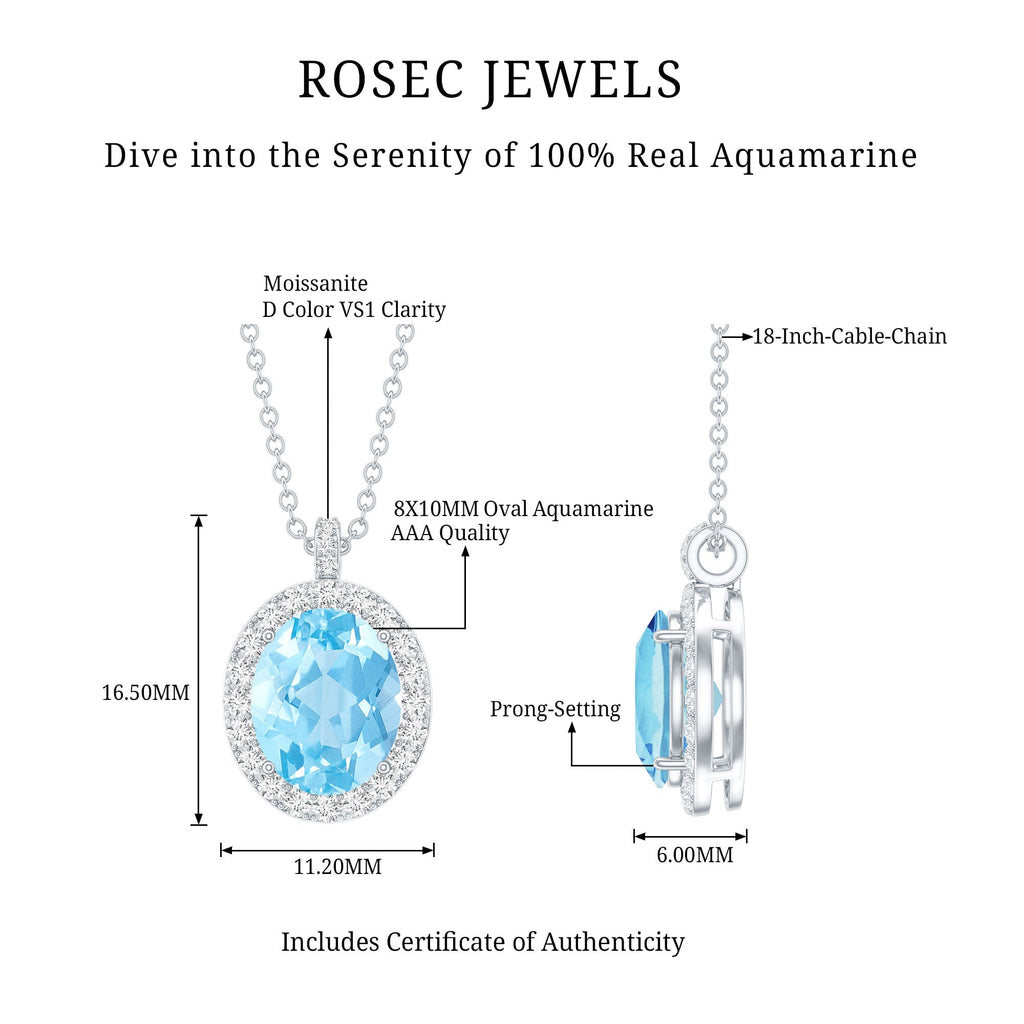 Aquamarine Statement Necklace – Oval Aquamarine Pendant With Halo Design