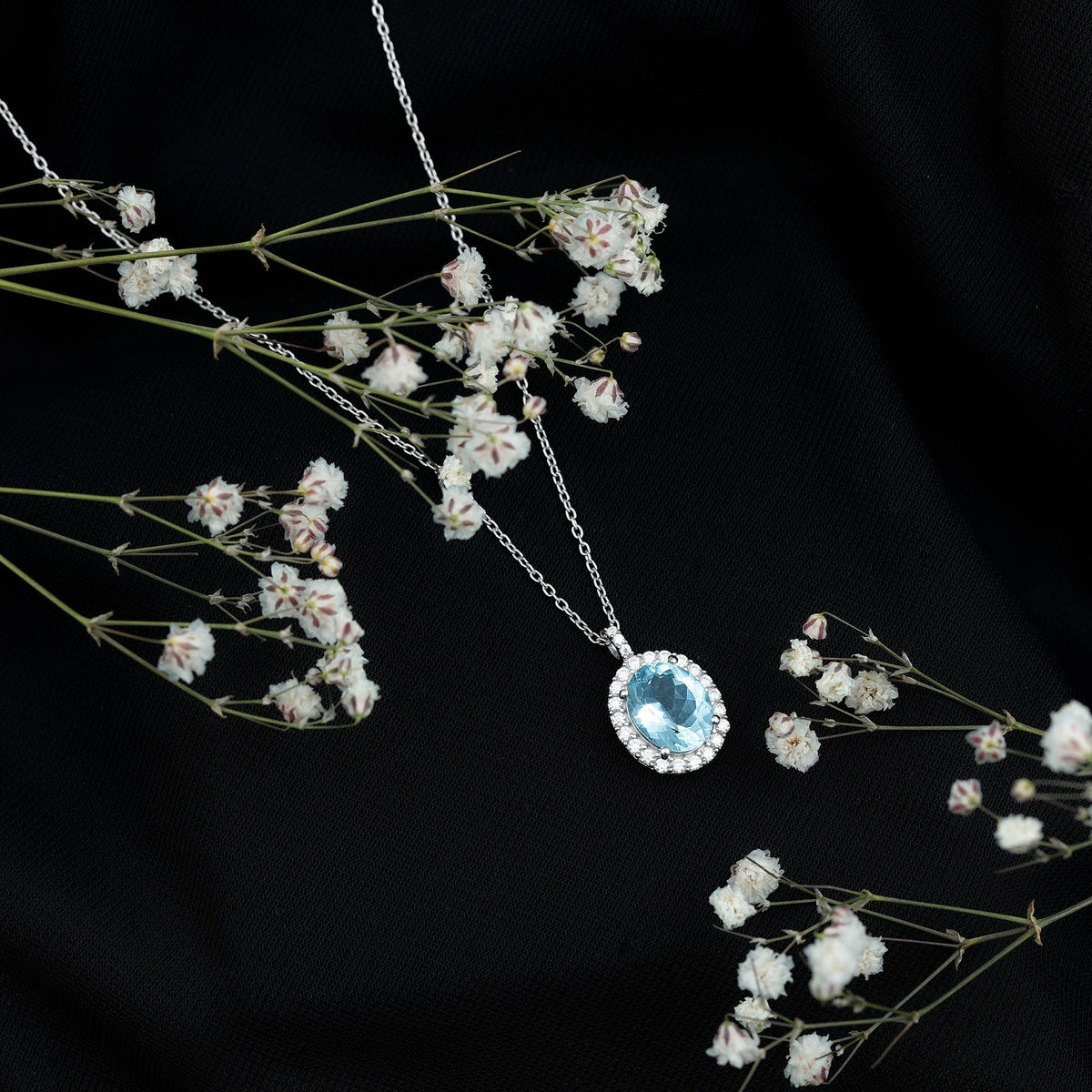 Aquamarine Statement Necklace – Oval Aquamarine Pendant With Halo Design