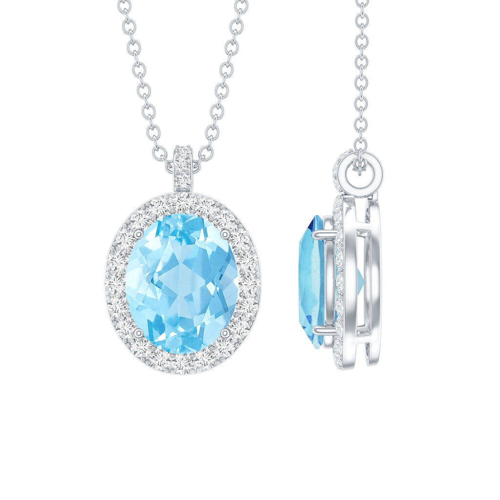 Aquamarine Statement Necklace – Oval Aquamarine Pendant With Halo Design