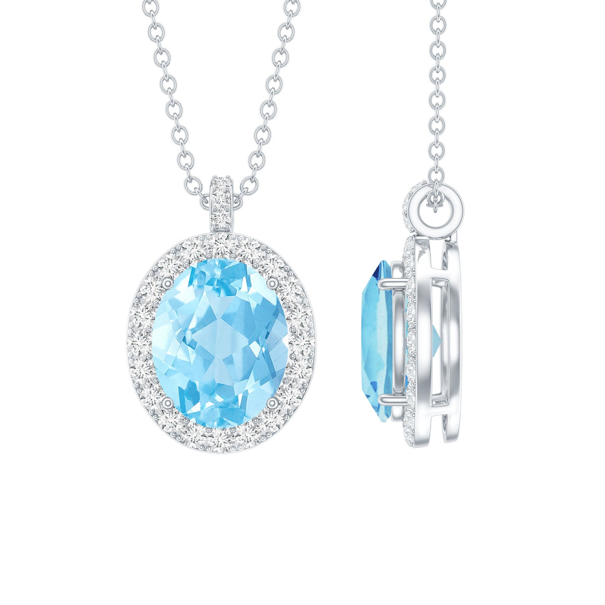 Aquamarine Statement Necklace – Oval Aquamarine Pendant With Halo Design