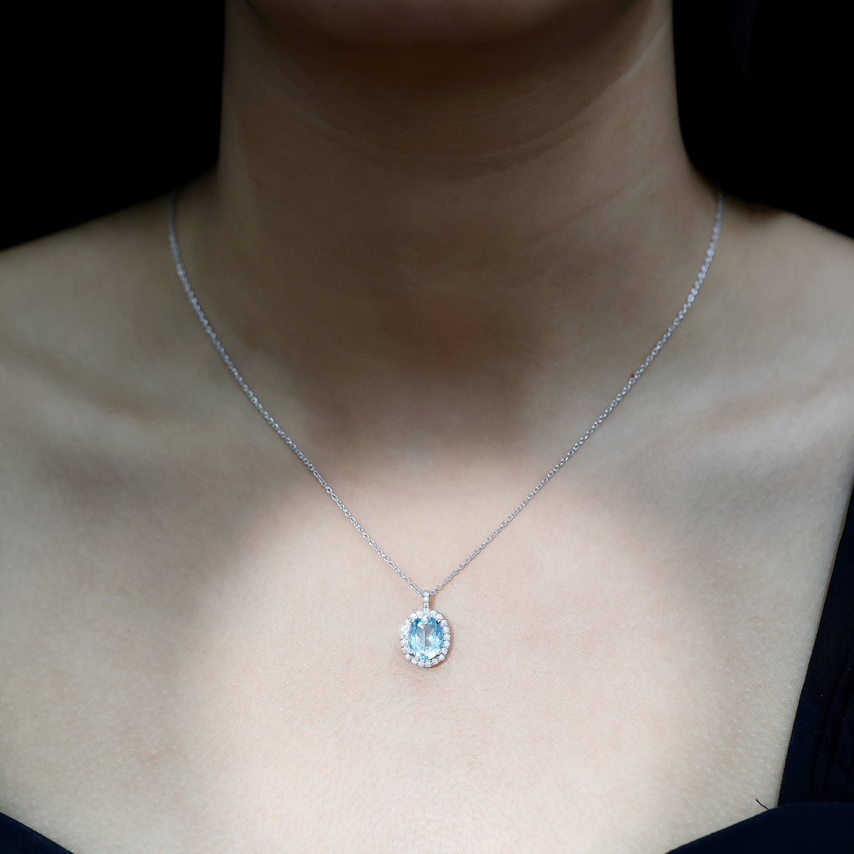 Aquamarine Statement Necklace – Oval Aquamarine Pendant With Halo Design