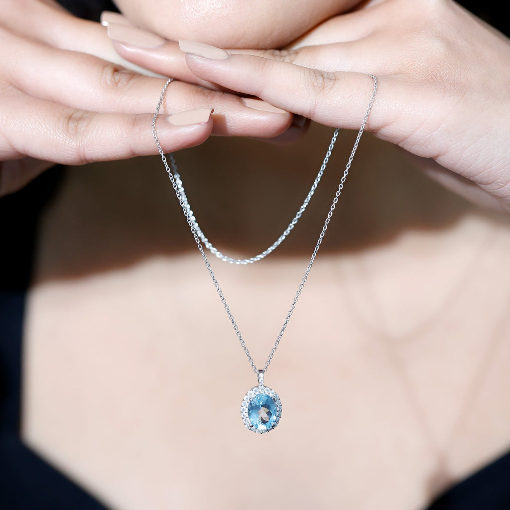 Aquamarine Statement Necklace – Oval Aquamarine Pendant With Halo Design
