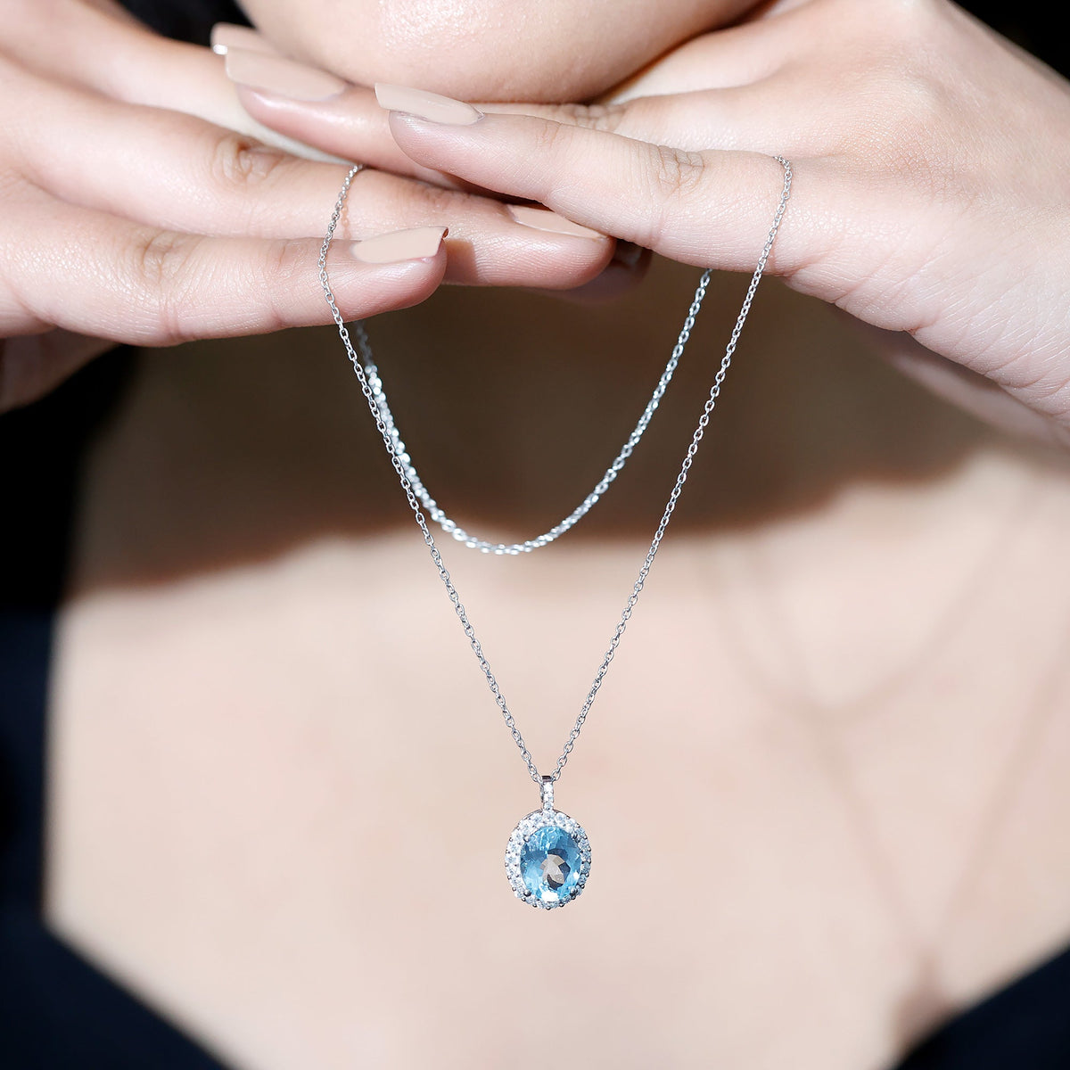 Aquamarine Statement Necklace – Oval Aquamarine Pendant With Halo Design