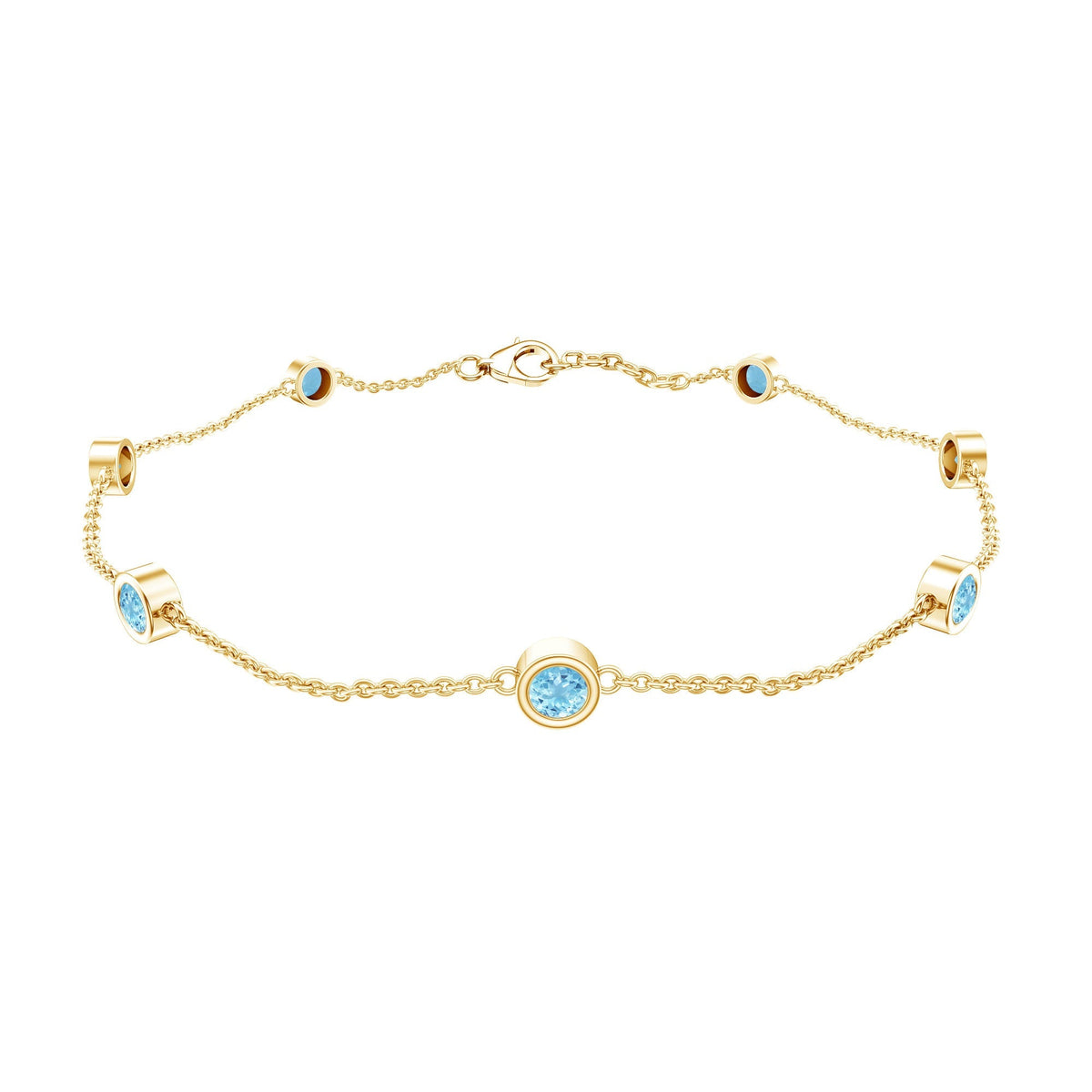 Aquamarine Station Bracelet – Bezel Set Round Cut Blue Gemstone Jewelry