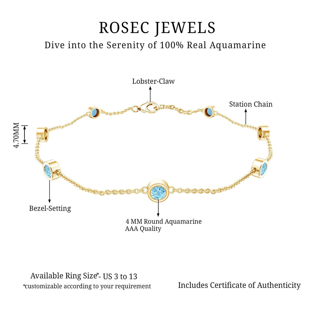 Aquamarine Station Bracelet – Bezel Set Round Cut Blue Gemstone Jewelry