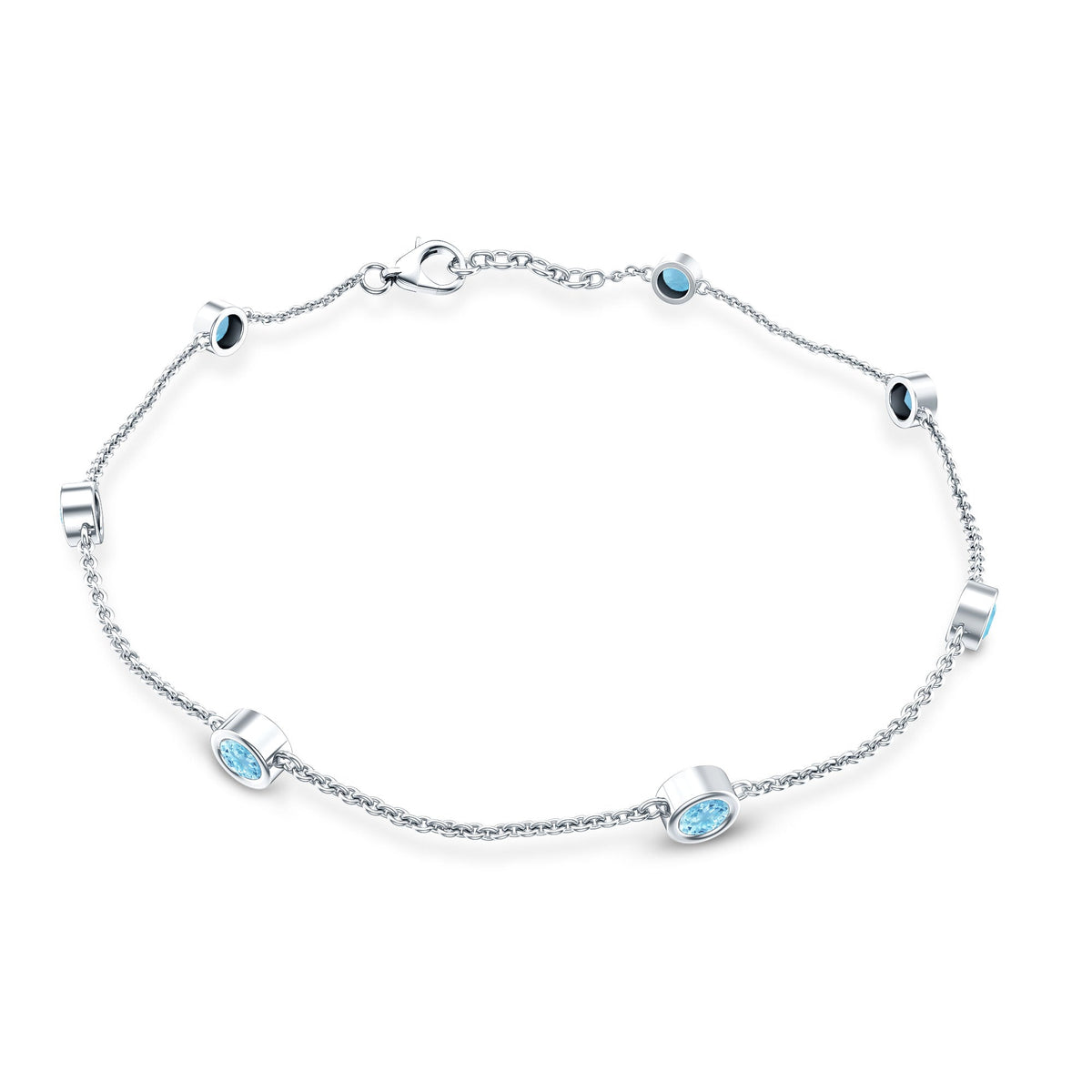 Aquamarine Station Bracelet – Bezel Set Round Cut Blue Gemstone Jewelry