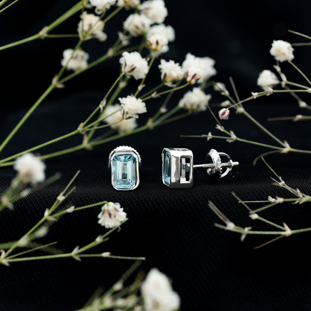 Aquamarine Stud Earrings – 1.2 Carat Emerald Cut Blue Gemstone Studs in Sterling Silver