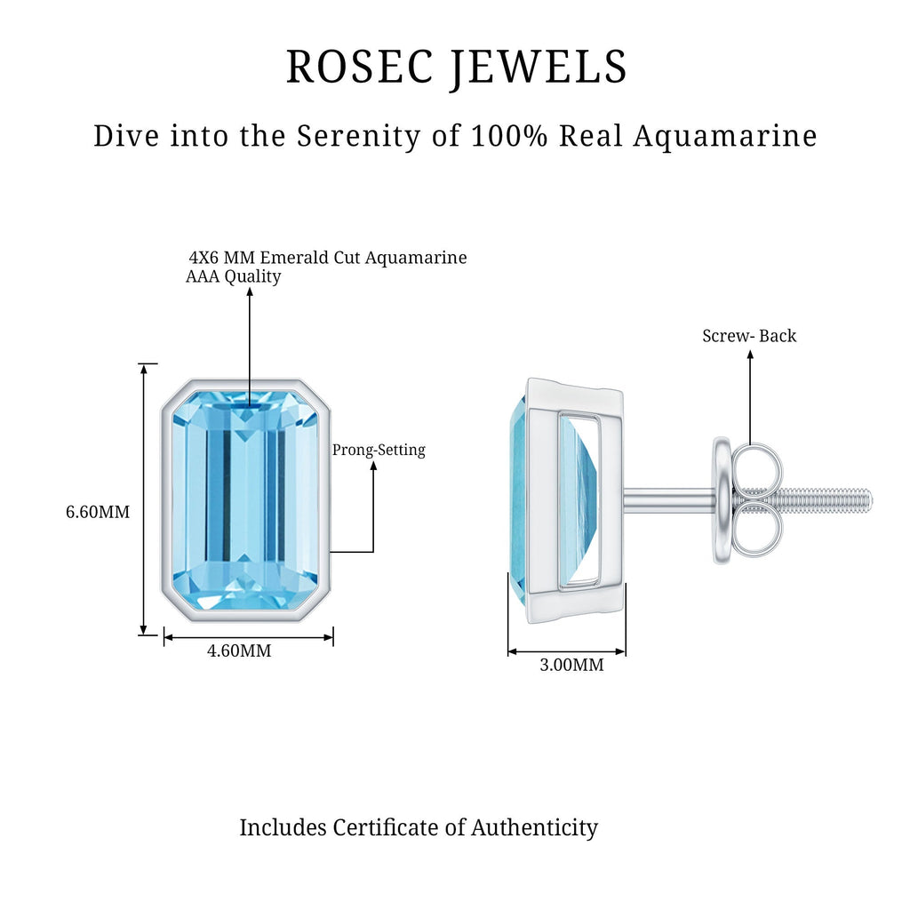 Aquamarine Stud Earrings – 1.2 Carat Emerald Cut Blue Gemstone Studs in Sterling Silver