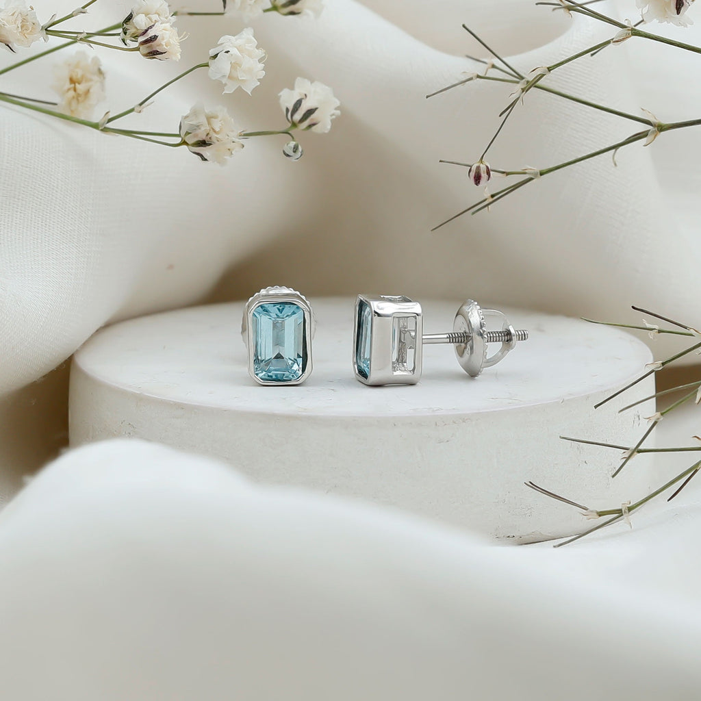 Aquamarine Stud Earrings – 1.2 Carat Emerald Cut Blue Gemstone Studs in Sterling Silver