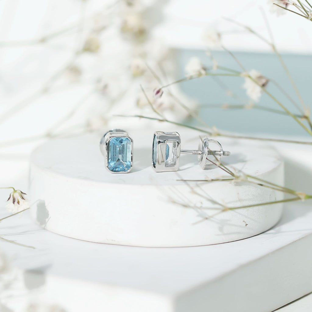 Aquamarine Stud Earrings – 1.2 Carat Emerald Cut Blue Gemstone Studs in Sterling Silver