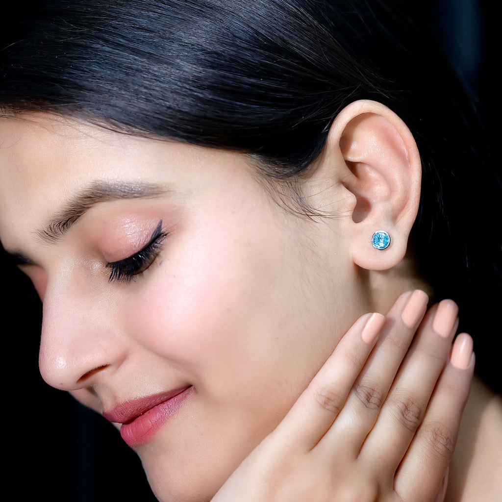Aquamarine Stud Earrings – 1.6 Carat Round Blue Gemstones | Bezel Setting