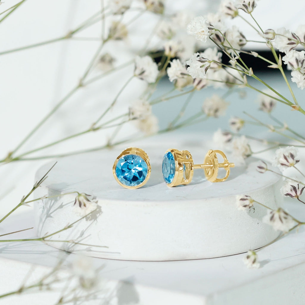Aquamarine Stud Earrings – 1.6 Carat Round Blue Gemstones | Bezel Setting