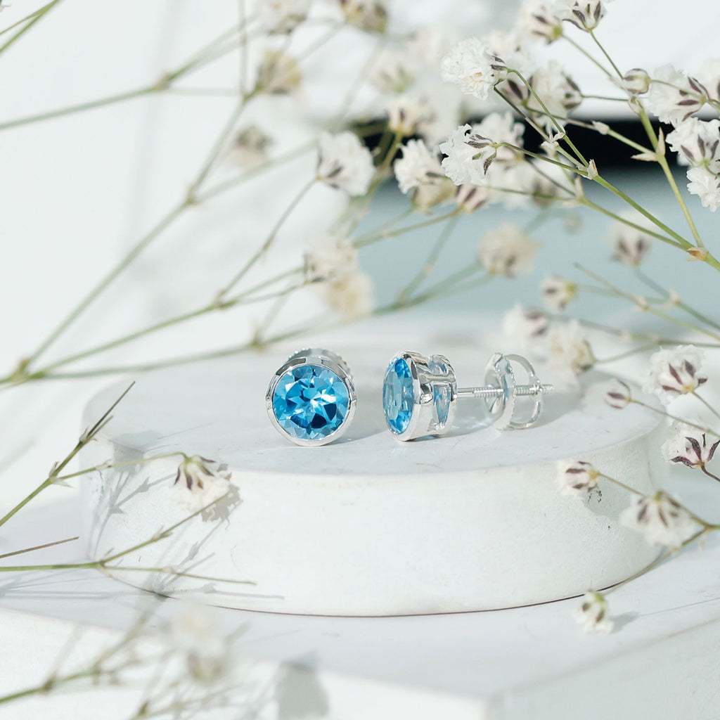Aquamarine Stud Earrings – 1.6 Carat Round Blue Gemstones | Bezel Setting