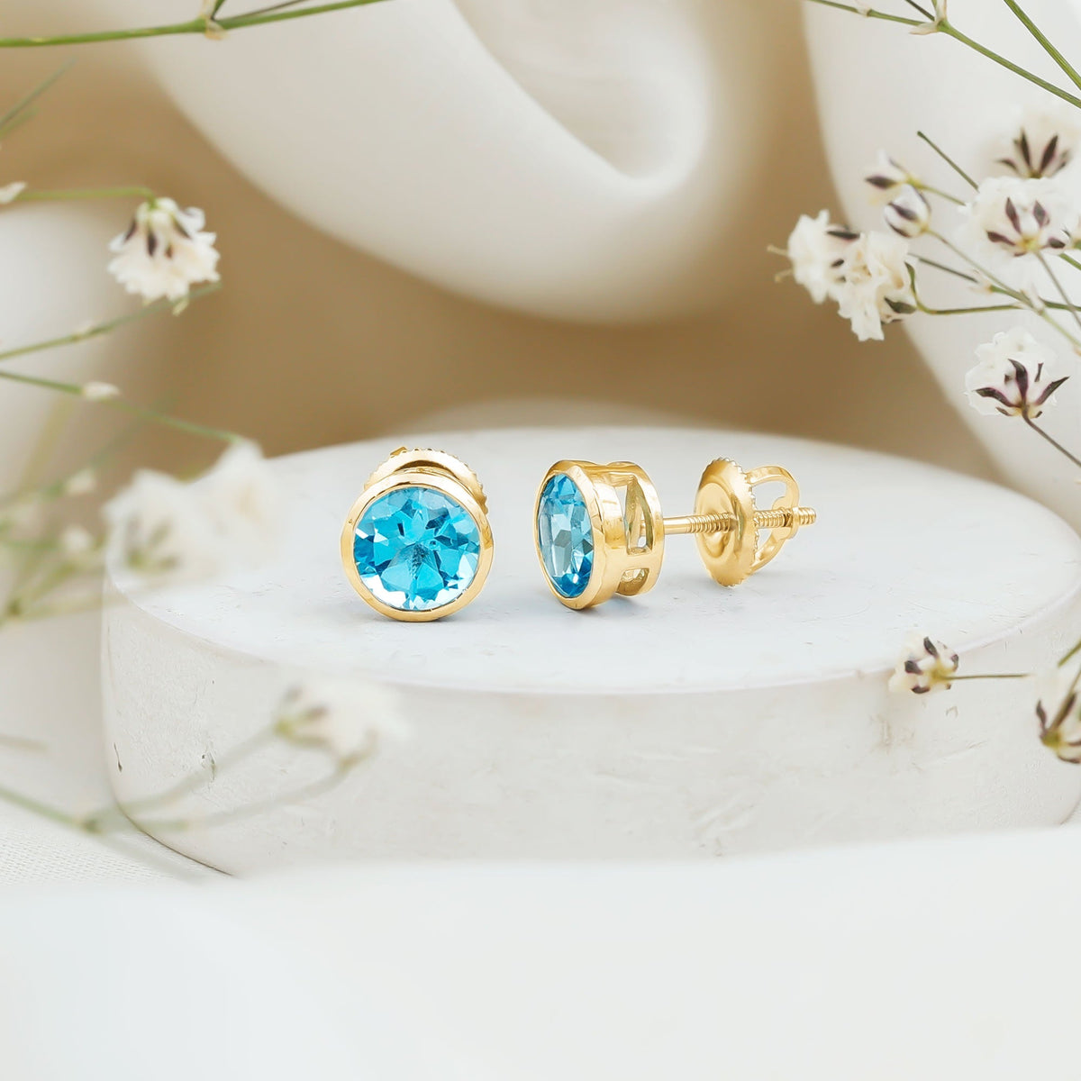 Aquamarine Stud Earrings – 1.6 Carat Round Blue Gemstones | Bezel Setting