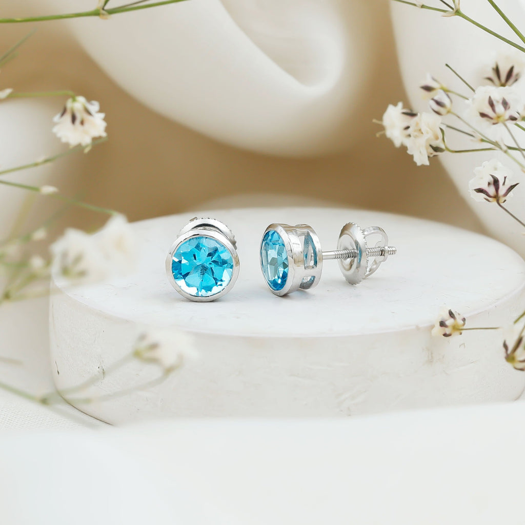Aquamarine Stud Earrings – 1.6 Carat Round Blue Gemstones | Bezel Setting
