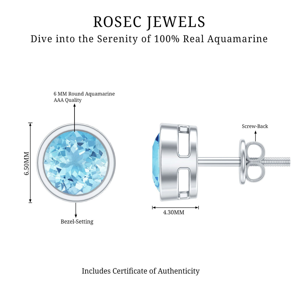 Aquamarine Stud Earrings – 1.6 Carat Round Blue Gemstones | Bezel Setting