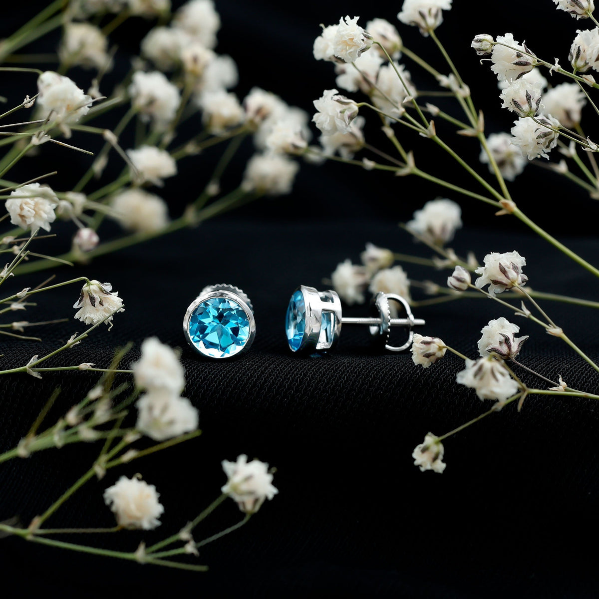 Aquamarine Stud Earrings – 1.6 Carat Round Blue Gemstones | Bezel Setting