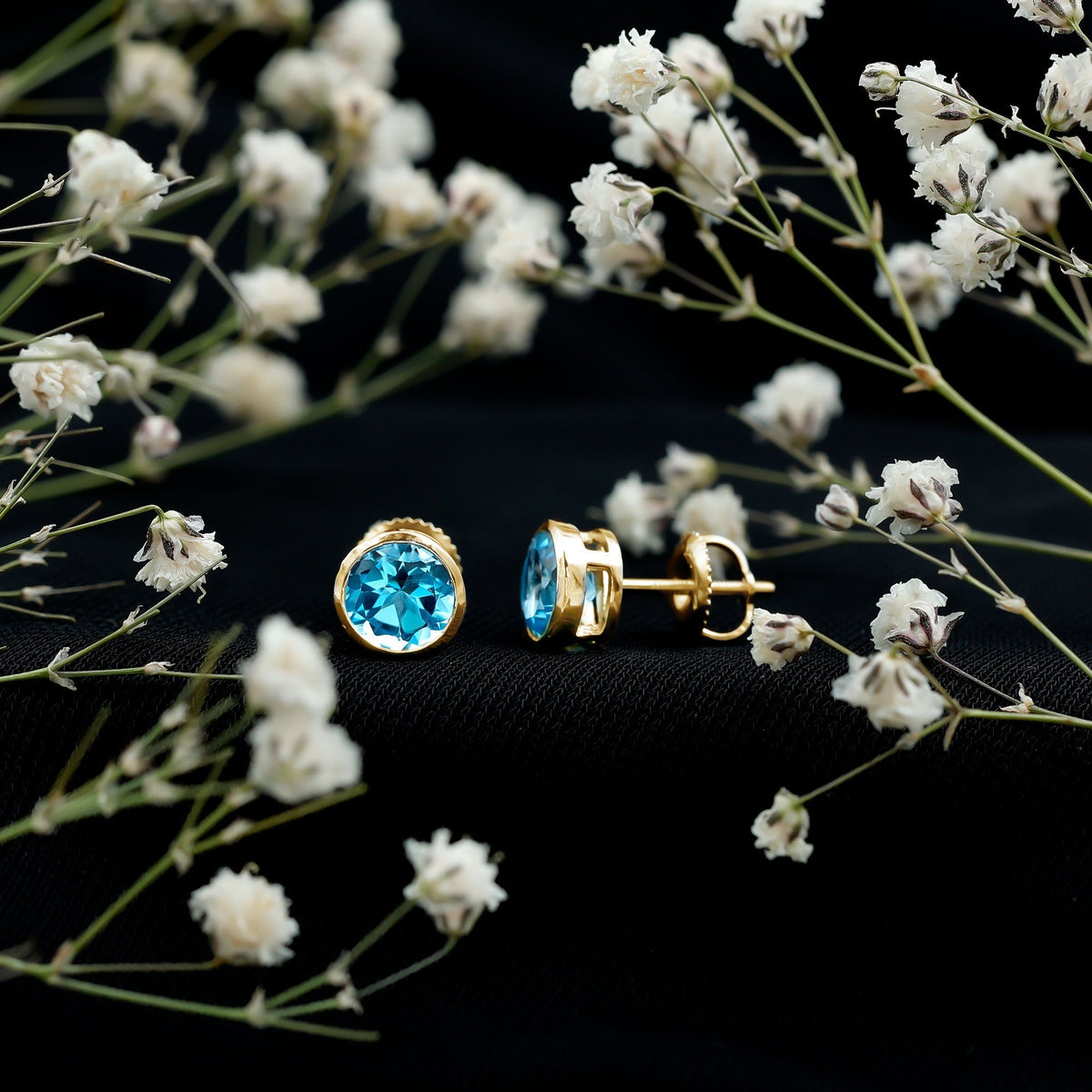 Aquamarine Stud Earrings – 1.6 Carat Round Blue Gemstones | Bezel Setting