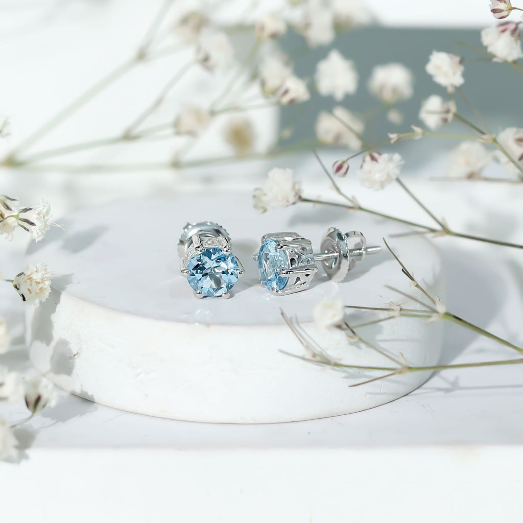Aquamarine Stud Earrings – 6mm Round Solitaire With Claw Prong Setting