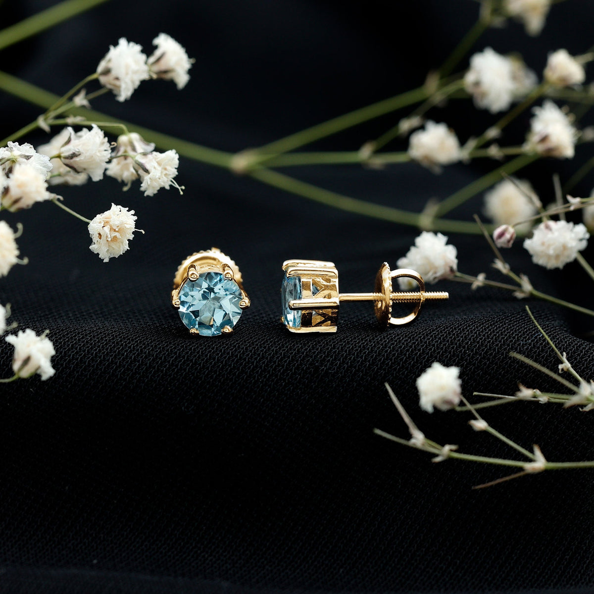 Aquamarine Stud Earrings – 6mm Round Solitaire With Claw Prong Setting