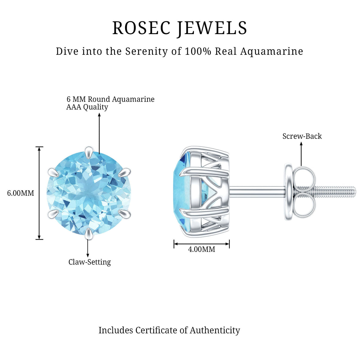 Aquamarine Stud Earrings – 6mm Round Solitaire With Claw Prong Setting