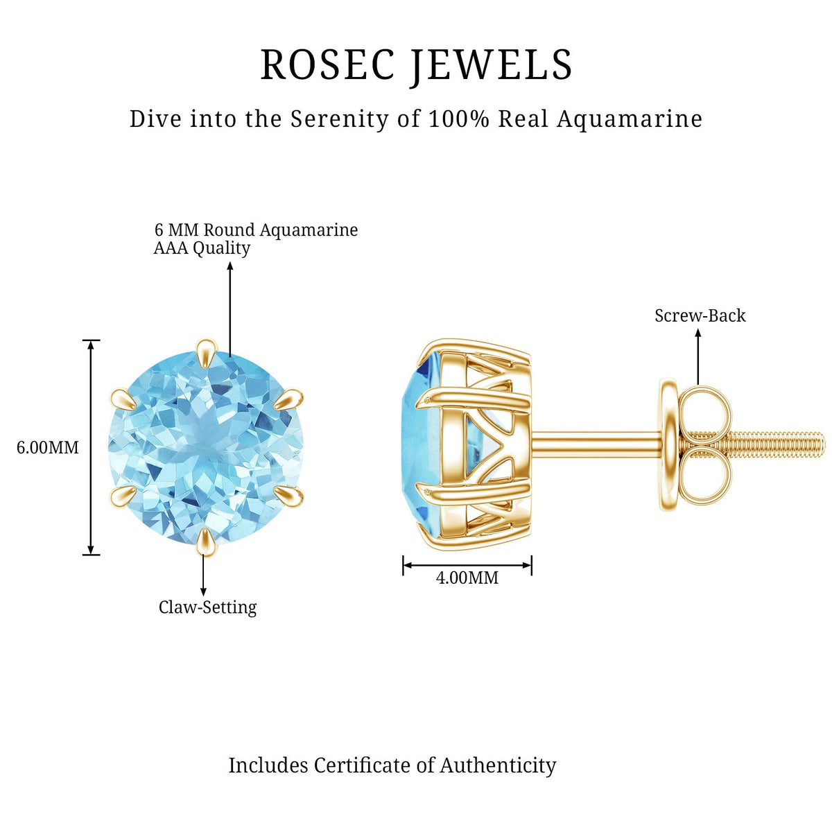 Aquamarine Stud Earrings – 6mm Round Solitaire With Claw Prong Setting