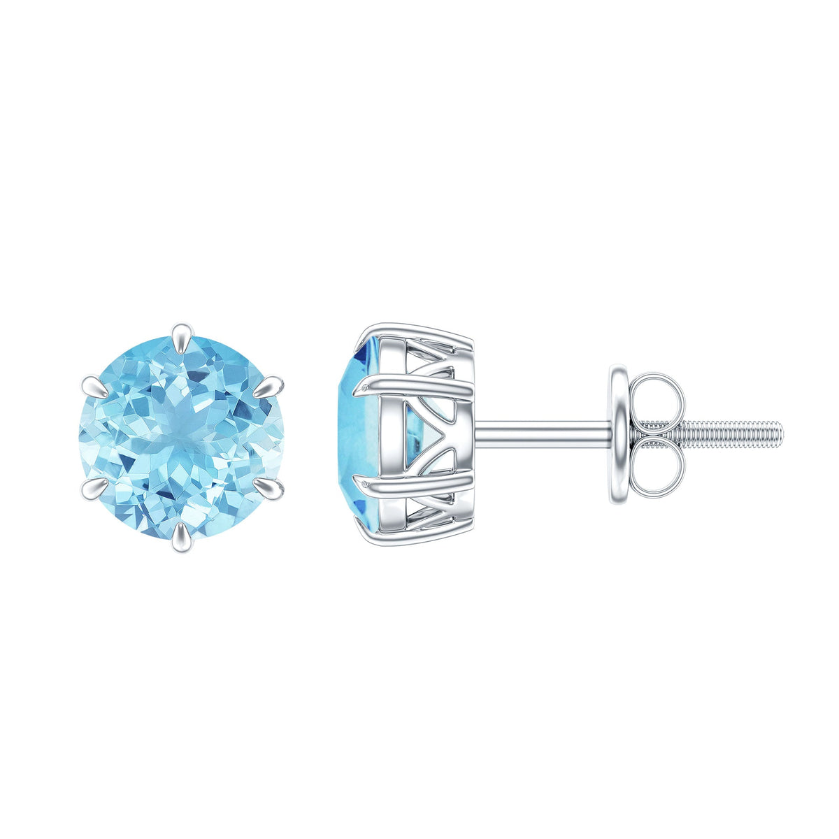Aquamarine Stud Earrings – 6mm Round Solitaire With Claw Prong Setting