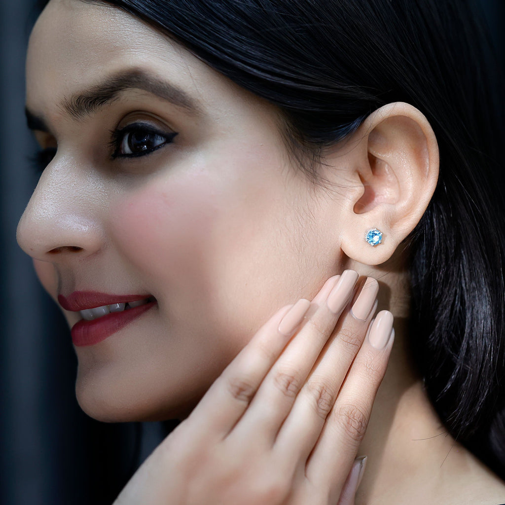 Aquamarine Stud Earrings – 6mm Round Solitaire With Claw Prong Setting