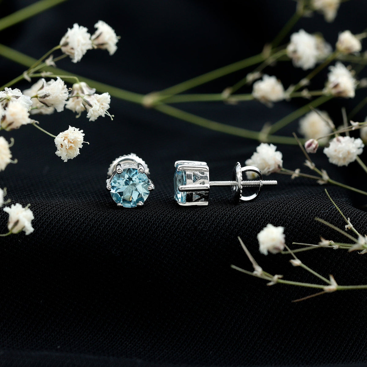 Aquamarine Stud Earrings – 6mm Round Solitaire With Claw Prong Setting