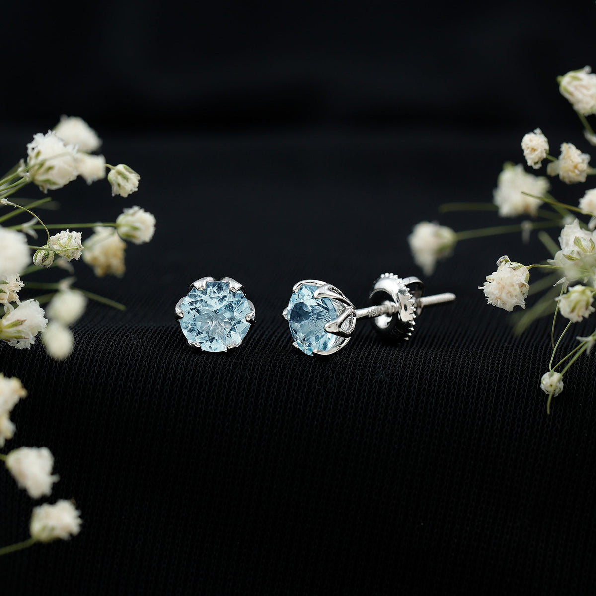 Aquamarine Stud Earrings – AAA Quality Blue Gemstone In Lotus Basket Setting