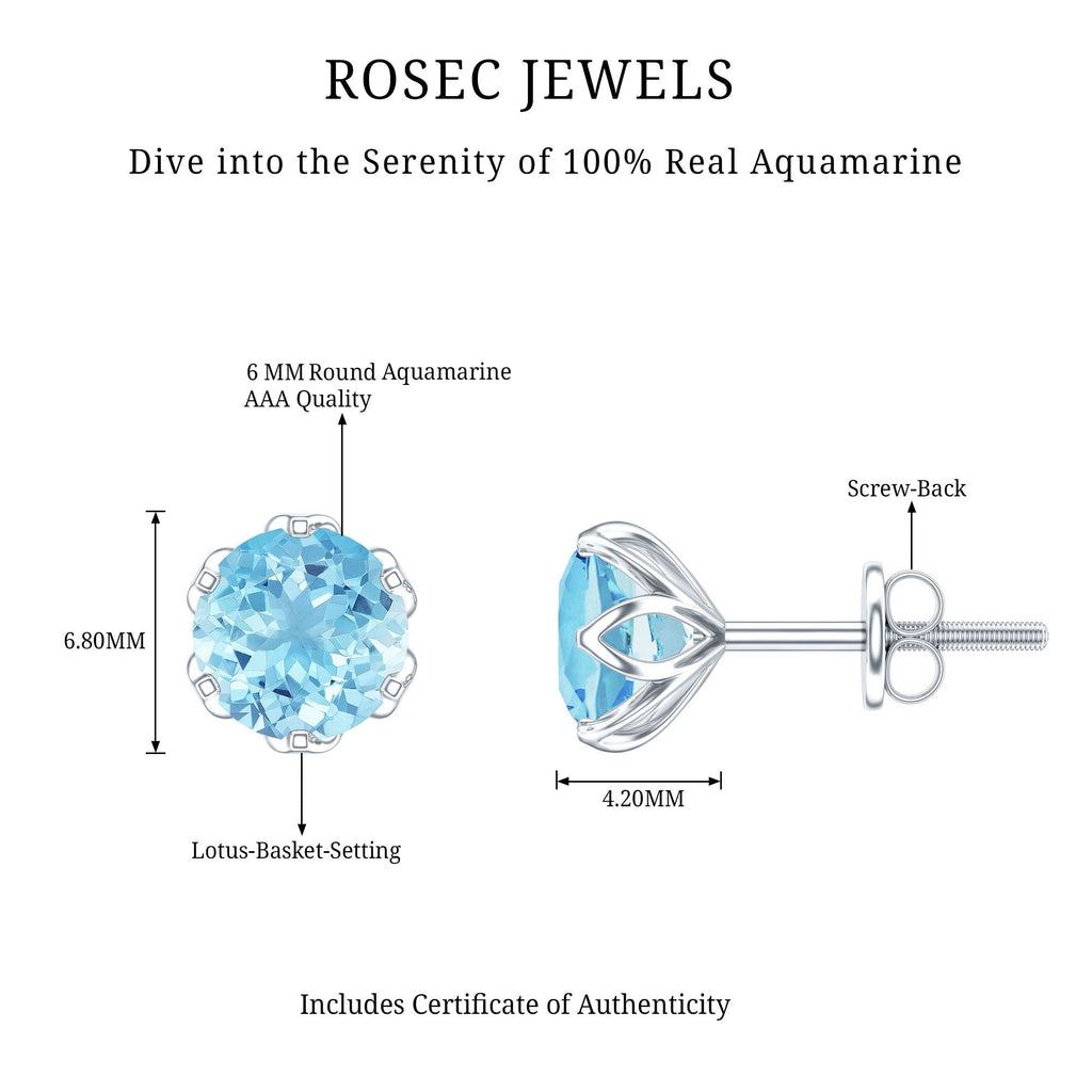 Aquamarine Stud Earrings – AAA Quality Blue Gemstone In Lotus Basket Setting